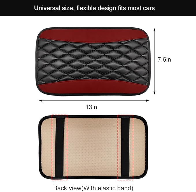 Car Center Console Cushion Pad, 12.6 × 7.48 Inches Waterproof Car Armrest Seat Box Cover, PU Leather Armrest Cover Protector for Most Vehicle, Universal Car Interior Accessories (Wine Red)