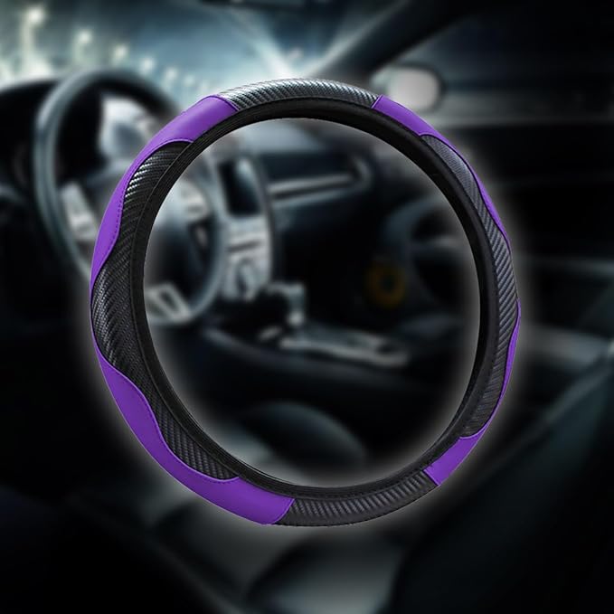 15 inch Car Steering Wheel Cover, Carbon Fiber Microfiber PU Leather Elastic Steering Wheel Protector for Men Women, Anti-Slip Breathable Car Interior Accessories (Purple)