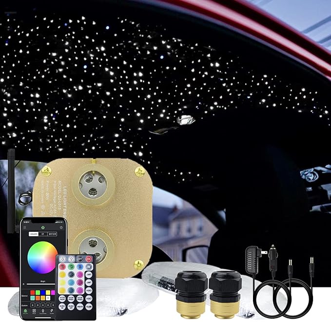 AKEPO Fiber Optic Star Ceiling Light Kit 20W Dual-Head RGBW Twinkle+APP+Sound Activated 830pcs of 13.1ft/4m Mixed Fiber Optic Strands for Car Headliner Star/Room