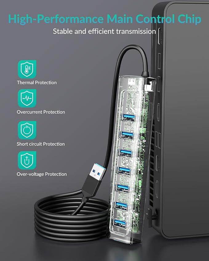 GiGimundo USB Hub 3.0, 8-Port USB Hub Long Cable 6 FT with 7-USB3.0 Data Ports and TypeC 5V/3A Power Port, Aluminum 5Gbps USB Splitter for PC, Laptop, Desktop, Computer, PS5, XPS(Gray,1.8M)