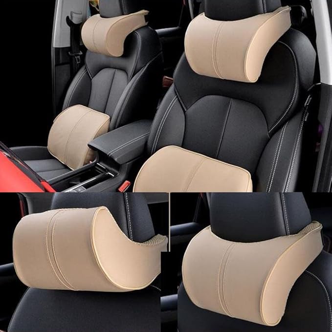 Car Seat Lumbar Support Pillow Neck Pillow Headrest Head Support Back Cushion Pad Soft Memory Foam Artificial Leather for Car Home Office Chairs Lower Back Pain Relief Corrects Posture Beige