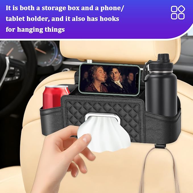 Car Headrest Backseat Organizer, Multifunctional Vehicle Seat Back Hanging Storage Box with Cup Holder and Hooks, Automotive Interior Headrest Storage Organizer, Universal Fit (Black)