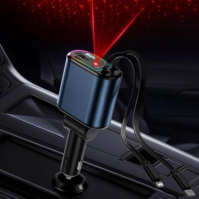 Starlight Retractable Car Charger, Max 120W 4 in 1 Car Accessories with Starlight, Retractable Fast Car Phone Charger with 2 USB Ports for Phones/Tablets/Car Recorders, 31.5inch (Grey)