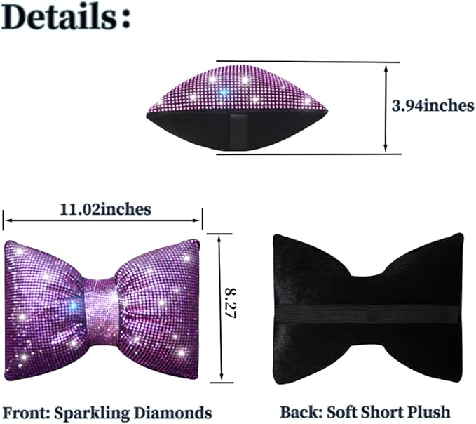 Car Pillow Headrest Auto Seat Headrest Cushion with Bow Tie Sparkly Bling Bling Rhinestone Accessories for Women Girls and Ladies Travel Comfort Head and Neck Rest Pink 2Pcs