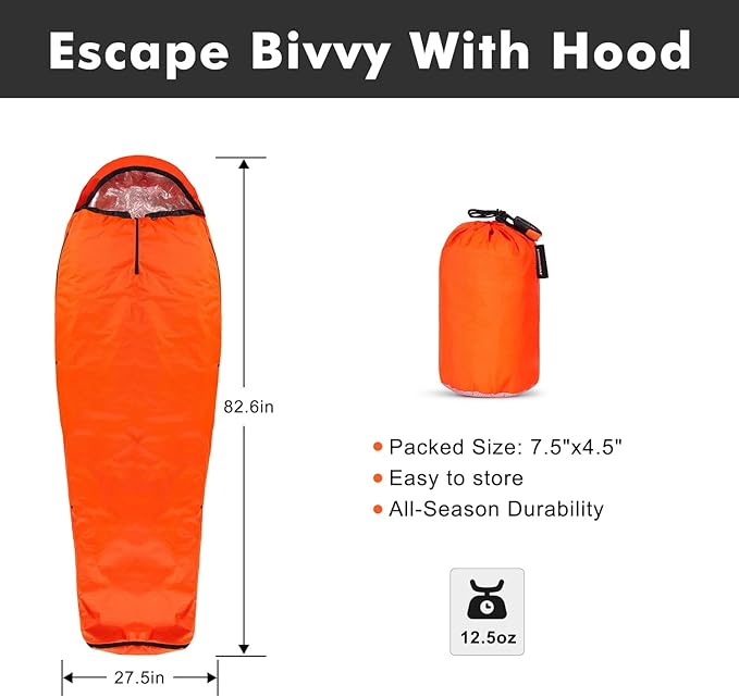 Emergency Sleeping Bag Thermal Bivvy, Lightweight Survival Sleeping Bags Thermal Bivy Sack Portable, Compact, Waterproof, Reusable for Camping, Hiking, Outdoor, Activities