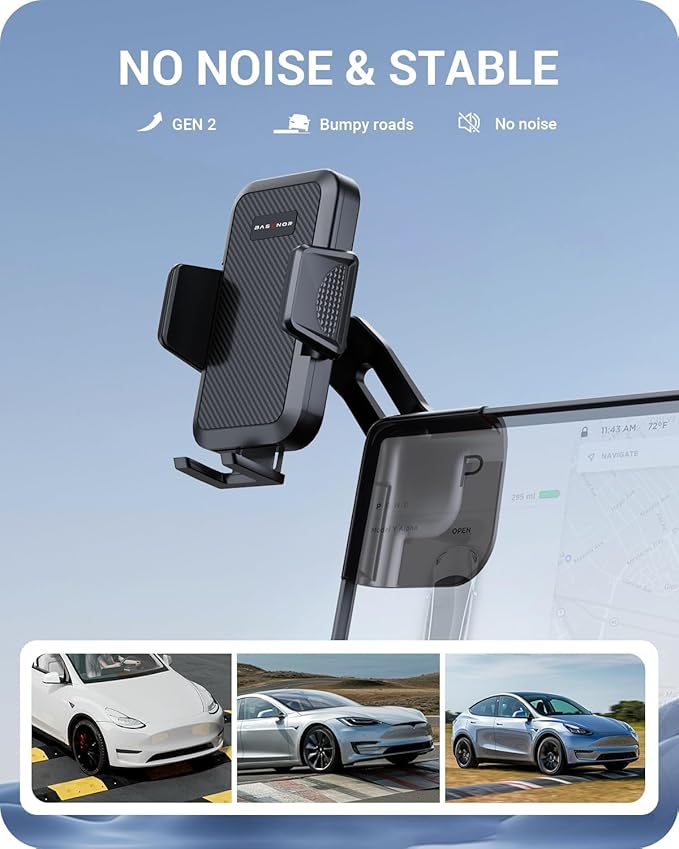 BASENOR Tesla Phone Mount for 2020-2024 Model Y & 2017-2023 Model 3 Screen-Safe Holder with Strong Adhesion, 360° Rotatable Cell Phone Stand, Must-Have Interior Accessories for All Phones