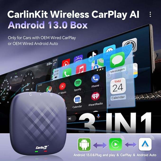 Carlinkit CarPlay AI Box Android 13.0 Wireless CarPlay & Android Auto Adapter, Compatible with Netflix/YouTube/TIK Tok/TF Card, Plug & Play for Cars Equipped with OEM Wired CarPlay 8-Core (8G+128G)