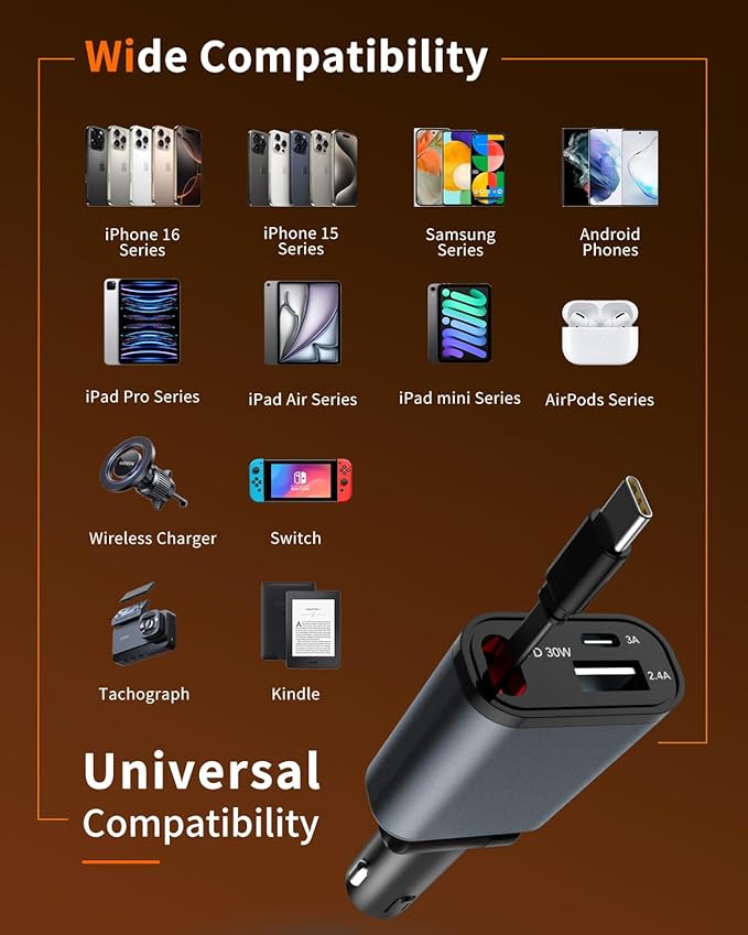 Retractable Car Charger, 3 in 1 Fast Car Phone Charger 50W, 1 TypeC Retractable Cables and USB Port,USB C Car Charger Compatible with iPhone 17/17 Pro Max/16/15/14/13/12/11,for Galaxy S25,Pixel 10