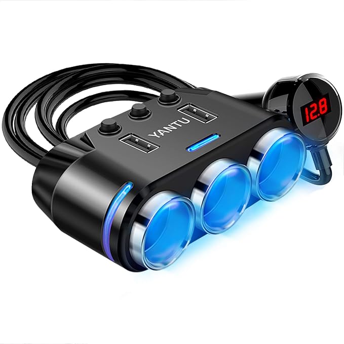 YANTU Cigarette Lighter Adapter & Splitter with 150W 3-Sockets & LED Ambient Lighting, Dual USB Fast Charging Car Outlet 12V, Car Cigarette Lighter Socket Plug Extension for Vehicles
