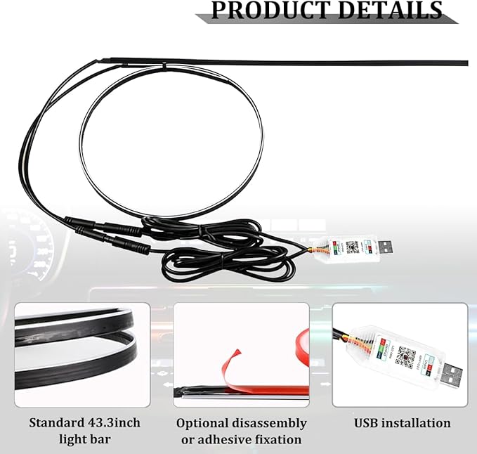 Car LED Strip Lights, 43.3 Inch & 13.8 Inch 2 in 1 64 Colors Music Mode Inside Vehicle Dash Ambient Lighting Kit with Wireless Remote Control, Auto Dashboard Lamp, Universal Fit