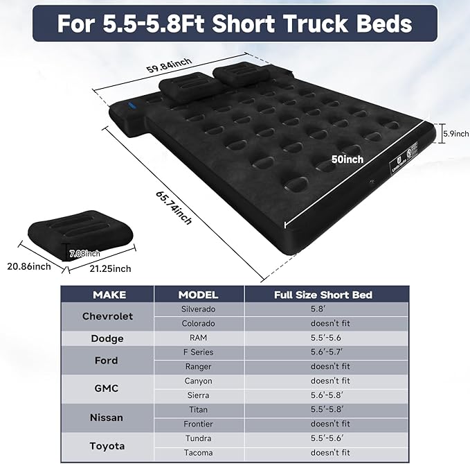 Umbrauto Truck Bed Air Mattress for 5.5-5.8ft Full Size Short Bed, Inflatable Pickup Airbed with Pump for Outdoor Travel