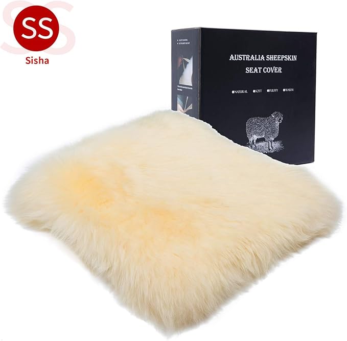 Winter Warmth: Universal Sheepskin Seat Cushion Cover - Natural Wool, for Cars, Trucks, SUVs & Vans - Cozy & Stylish Driving Companion Front Beige Yellow