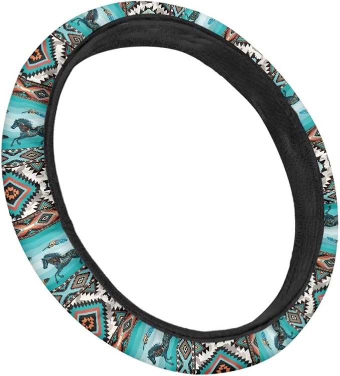 SEANATIVE Car Steering Wheel Protector Cover Aztec Horse Print Automotive Universal Steering Wheel Cover, Car Accessior, Easy to Disassemble