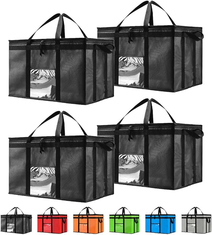 NZ home Insulated Bags for Food Delivery (3XL) Grocery Shopping Cooler Bag, Pizza Delivery, Hot & Cold Catering Tote, Reusable, Foldable & Heavy Duty (4 Pack, Black)