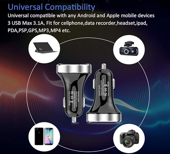 LIHAN 3 USB Car Charger,12V/24V Voltage Meter, QC3.0 Output 4.8A, Cigarette Lighter Plug Adapter Compatible with iPhone,iPad, Samsung, USB Charging Devices, Silver
