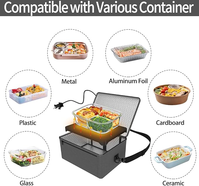 Portable Oven, 110V Portable Food Warmer Personal Portable Oven Mini Electric Heated Lunch Box for Reheating & Raw Food Cooking in Office, Travel, Potlucks and Home Kitchen (Gray)