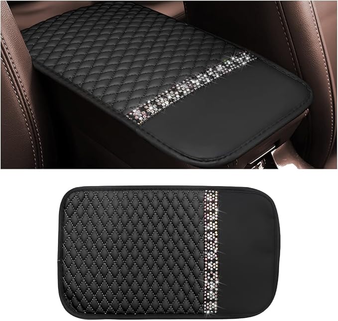 Bling Leather Car Center Console Cover, Car Center Console Protector With Glossy Crystal Rhinestone, Universal Waterproof Car Armrest Seat Box Cover For Most Car, Vehicles, SUVs, Trucks (Black)
