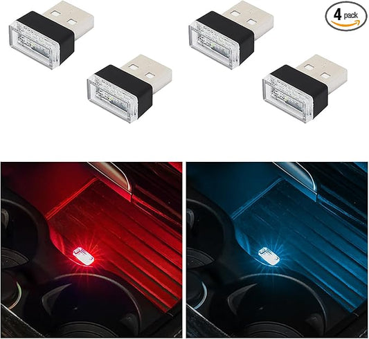 Augeny 4 PCS USB LED Car Interior Atmosphere Lamp, Plug-in USB Decor Night Light, Portable Auto Ambient Lighting Kit, Universal Vehicle Interior Accessories for Most Cars (2 Red+2 Ice Blue)
