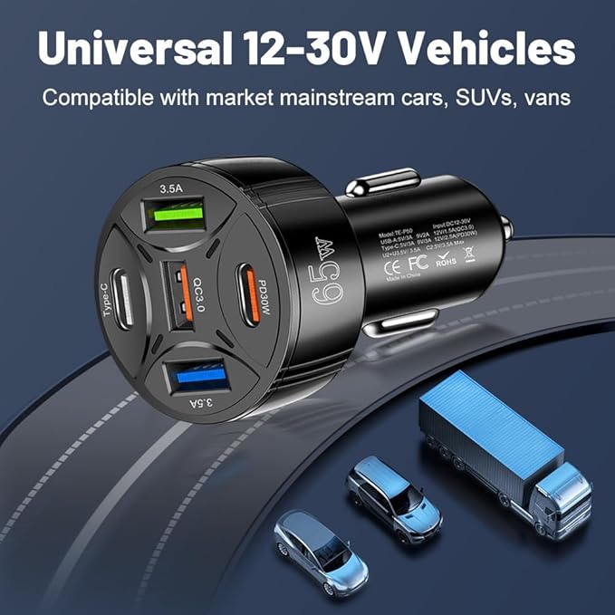 Super Fast Charging USB-C Car Charger Adapter, 65W 5-in-1 Multi-Port PD30W & QC3.0 Cigarette Lighter USB Charger for iPhone/Android/Samsung/iPad Pro (Black)