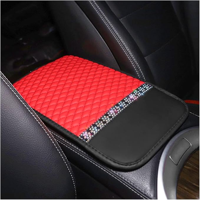 Bling Leather Car Center Console Cover, Car Center Console Protector With Glossy Crystal Rhinestone, Universal Waterproof Car Armrest Seat Box Cover For Most Car, Vehicles, SUVs, Trucks (Red)