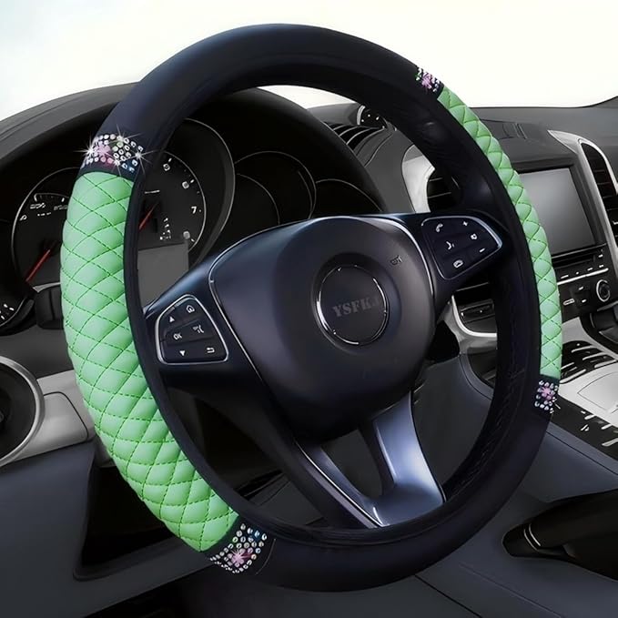 Soft Leather Car Steering Wheel Cover, Universal 15 Inch Colorful Rhinestones Anti-Slip Elastic Steering Wheel Covers for Most Cars, Sparkly Crystal Diamond for Women Girls (Green)