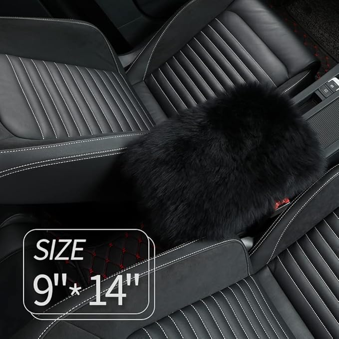 Sheepskin Armrest Cover Auto Center Armrest Cover Car Soft Console Pad, Fluffy Wool Auto Center Console Cover for Most Car Arm Rest Decoration Protector 9 x 14 Inch (Long Wool, Black)