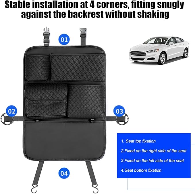 Car Backseat Organizer, 2PCS Leather Woven Multipurpose Vehicle Seat Back Protector with 4 Storage Pockets & Hook, Waterproof Automotive Kick Mat, Universal for SUV RV Truck (Beige)