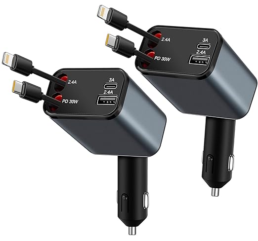 2Pack 4 in 1 Retractable Car Charger, 69W USB C Car Accessories Adapter for iPhone 17 USB C Charger Fast Charging,Truck Accessories,Travel Essentials Gifts for Women Men, for iPhone 16 15 14, Galaxy