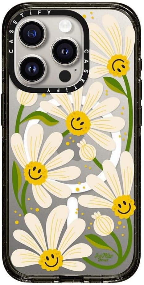 CASETiFY Impact iPhone 15 Pro Case [Slim/Compatible with Magsafe / 8.2 ft. 4X Military Grade Drop Protection] - 90s Daisy - Clear Black