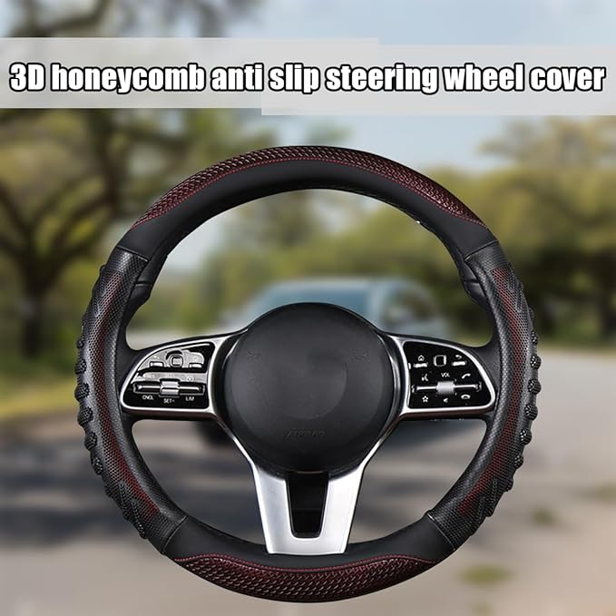 BELOMI Car Steering Wheel Cover, Breathable Leather Vehicle Steer Wheel Protective Guard with 3D Honeycomb Hole, Anti-Slip Steer Wheel Protector, Universal Automotive Accessories (Red)