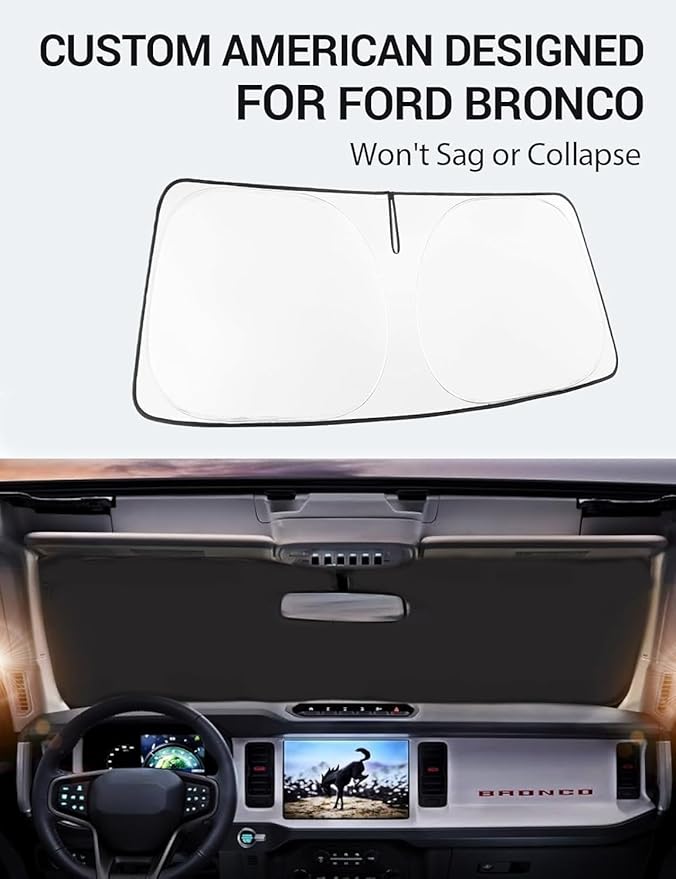Proadsy 2026 Upgrade Windshield Sun Shade Custom Fit Ford Bronco 2/4-Door 2021-2025 2026 Foldable Front Sunshade Protector Blocks UV Rays Keep Car Cooler
