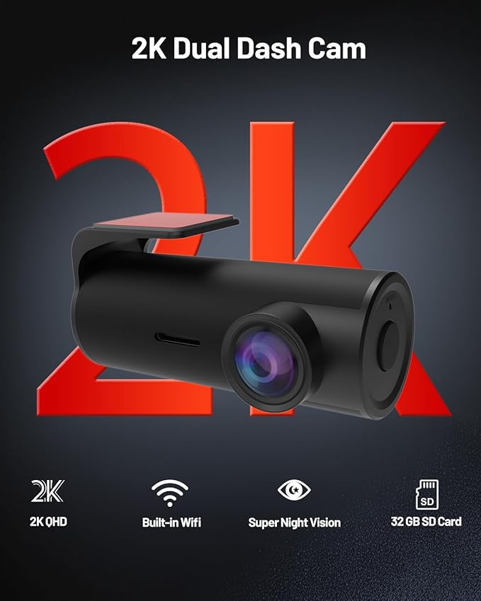 Dash Cam 2K Car Camera,Mini Hidden Front Dash Camera for Cars,Free 32GB SD Card,Built-in WiFi,Night Vision,WDR,Loop Recording,G-Sensor,App Control,Support 256GB Max(C1)