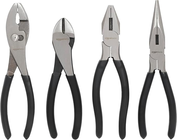 Amazon Basics Pliers Set, Hand Tools for Precision, Cutting Wire Cutter with Needle Nose and Diagonal, Quality Tool Set for Home Maintenance, Set of 4, Black and Silver