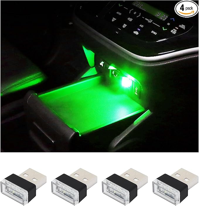 Augeny 4 PCS USB LED Car Interior Atmosphere Lamp, Plug-in USB Decor Night Light, Portable Auto Ambient Lighting Kit, Universal Vehicle Interior Accessories for Most Cars (Green)