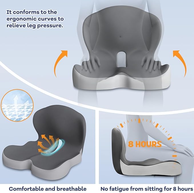 Ergonomic Seat Cushion for Office Chair & Car - Memory Foam Car Cushions for Driving with L-Shaped Design, Adjustable Strap, Non-Slip Bottom - Orthopedic Pad for Truck Driver (Grey)