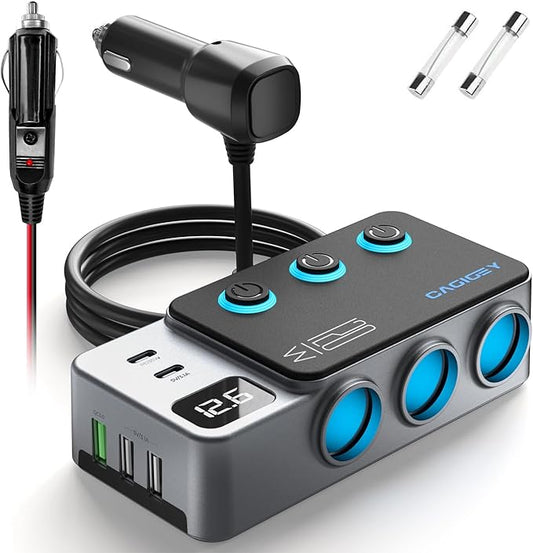 120W 8 in 1 Cigarette Lighter Splitter,Cagigey Car Super Fast Charger Adapter with Type-C QC3.0 PD35W Charging,Multi Port Plug Outlet,Independent Switches, LED Display,3.3FT Cable