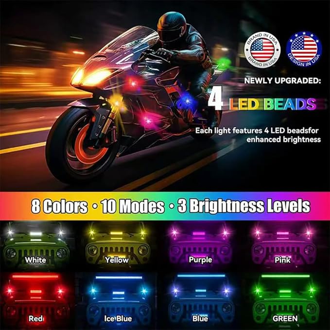 6PCS Upgraded Wireless LED Strobe Lights with Remote Control, 8 Colors Interior Car Lights with 4 Bright LED Lamp Beads，Suit for Car Motorcycle Bike Drone Aircraft