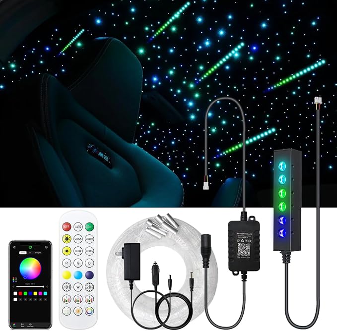 AKEPO 3.2W 6-Hole RGB APP Colorful Fiber Optic Lights Kit, Color Chasing Sound Activated 9.8ft 120pcs of 0.75mm Optical Fibers with Remote and APP Control