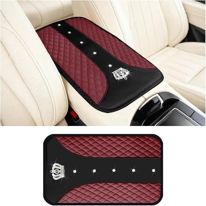 Bling Car Center Console Cover, Crown Crystal Rhinestones Vehicle Armrest Mat Protector, Anti Slip Sparkling Automotive Arm Rest Seat Box Cushion Pad Decor Accessories, Universal Fit (Wine Red)