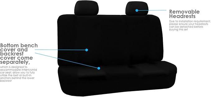 FH Group Car Seat Covers Flat Cloth Automotive Black Full Set, Rear Solid Bench Universal Fit Combo Steering Wheel Cover & Seat Belt Pads Car Seat Protector for Cars Trucks SUV Interior Accessories
