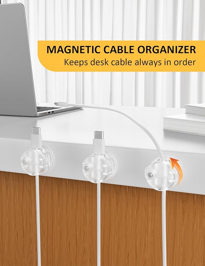 Magnetic Cord Holder for Desk & Nightstand, 7-Pack 360° Rotatable Cable Clips Organizer - Strong Adhesive Fits 8mm Lots for Phone Charger Cords & Wires, Clear