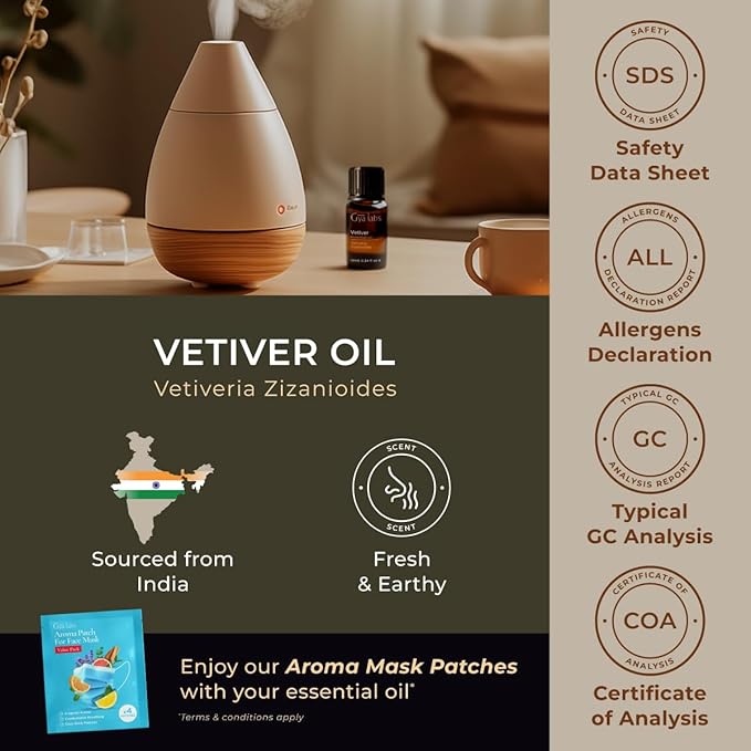 100% Pure Vetiver Essential Oil - 0.34 Fl Oz - Vetiver Oil for Hair, Skin, Diffuser, Aromatherapy & DIY Candle Making Scent