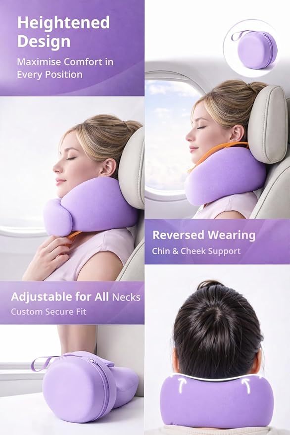 Neck Travel Pillow |100% Pure Memory Foam Neck Pillow Comfortable & Breathable Cover, Machine Washable for Travel, Airplane, Car Rides, & Home Use, Travel Kit with Bag (Purple)