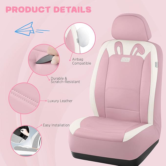 PIC AUTO Car Seat Covers, Cute Rabbit Premium Pink Leather Seat Covers, Universal Fit Front Seat Covers for Cars, Trucks, SUVs, Soft & Wear-Resistant Auto Interior Protection with Airbag-Compatible