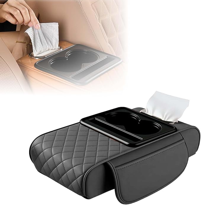 Multifunctional Car Armrest Cushion with Integrated Booster, 2026 Upgraded Universal Style Memory Cotton Car Armrest Box Pad, Car Center Console Armrest Pillow, with 2 Cup Holder (Gray)