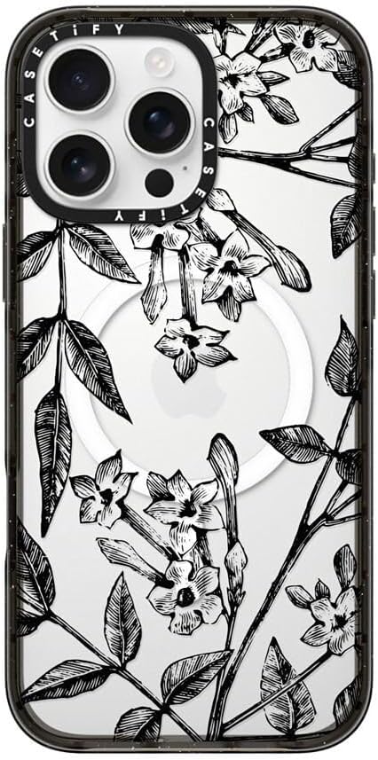 CASETiFY Impact Case for iPhone 16 Pro Max [Slim / 8.2 ft. 4X Military Grade Drop Protection/Compatible with Magsafe] - Botanical Jasmine - Clear Black