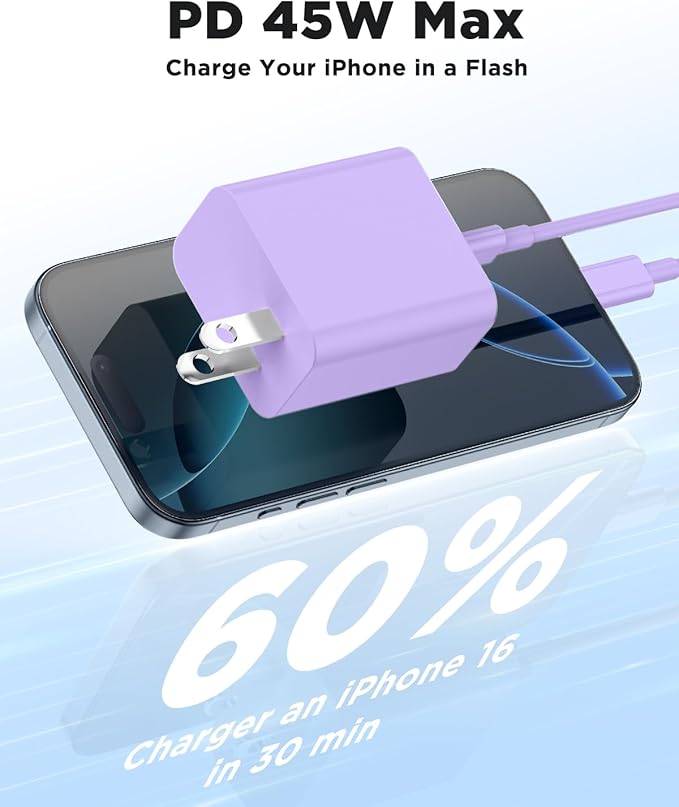 45W iPhone 17 16 15 Pro Max Charger Fast Charging 6FT/10 FT/10FT, Super Fast USB C Charger Block with Extra Long Type C Charging Cable,PD Quick Adapter 3.0 for iPhone 16 15/16e 15Pro/16 15 Plus-Purple