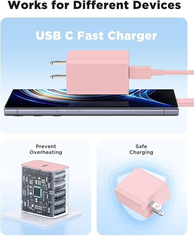 3Pack 45W Super Fast Charger Type C 10FT, USB C Android Phone Charger Fast Charging Block with Ertra Long Type-C Charger Cord for Samsung Galaxy S25/S25 Ultra/S25+/S24 Ultra/S24/S24+/S23/S22/S21-Pink