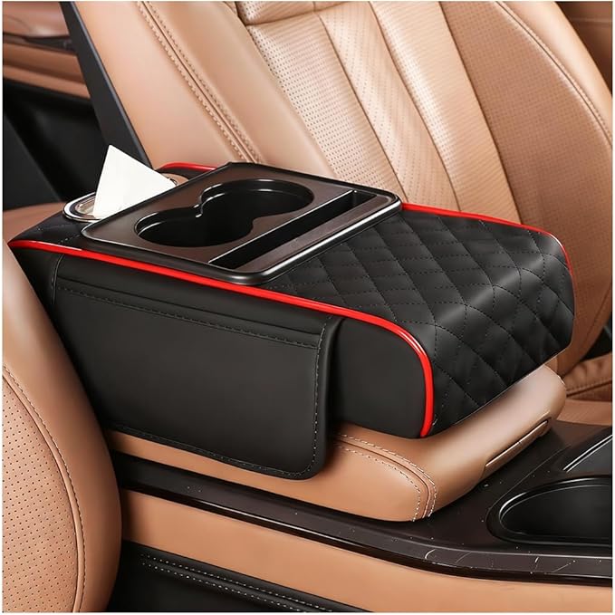 Car Armrest Cushion, 5-in-1 Nappa Leather Vehicle Centre Console Cover with 2 Storage Pockets, Cup Phone & Phone Holder, Multifunctional Auto Organiser Accessories, Universal Fit (Black/Red)