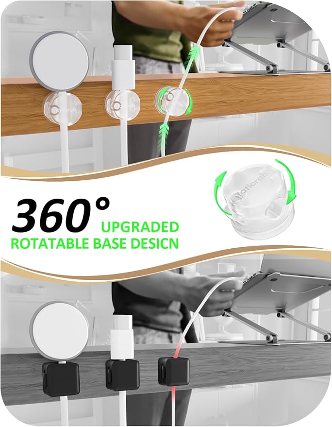 Magnetic Cord Holder for Desk & Nightstand, 7-Pack 360° Rotatable Cable Clips Organizer - Strong Adhesive Fits 8mm Lots for Phone Charger Cords & Wires, Clear